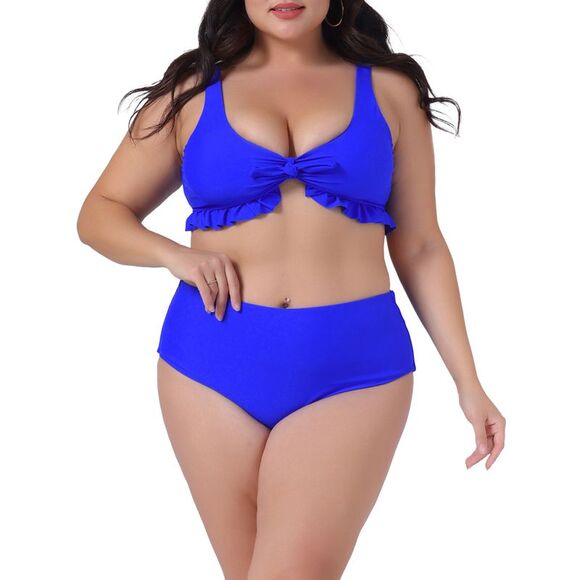 Plus Size Two Piece High Waisted Ruffle Tummy Control Swimwear Royal Blue - Picture 1 of 5